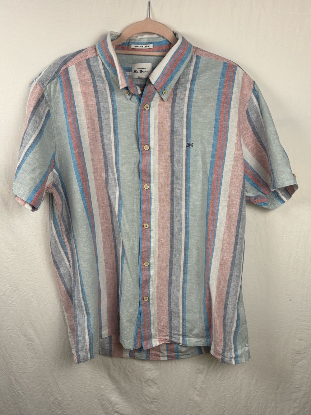Ben Sherman Large men’s linen blend Button-Down Short Sleeve Stripe Shirt Multi